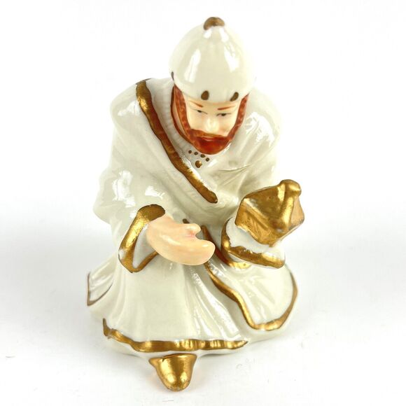 VTG 6 pc Nativity Manger Scene Glazed Porcelain White Gold trim Figurines 1990s - Picture 9 of 13